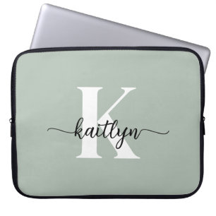 Housse Pour Ordinateur Portable Monogramme écriture vert sauge