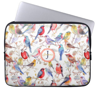 Housse Pour Ordinateur Portable Monogramme Enchantant Aquarelle Oiseaux Motif