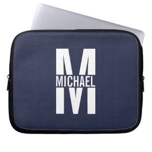 Housse Pour Ordinateur Portable Monogramme et nom personnalisés bleu marine