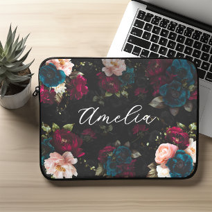 Housse Pour Ordinateur Portable Monogramme Fleur Élégant Turquoise Rouge Foncé
