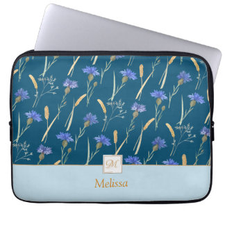 Housse Pour Ordinateur Portable Monogramme Fleur sauvage Floral Bleu