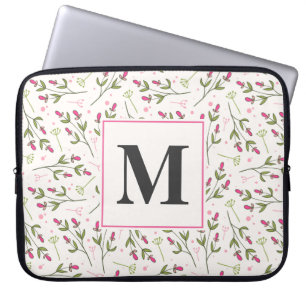 Housse Pour Ordinateur Portable Monogramme Fleur sauvage rose et vert à longue tig