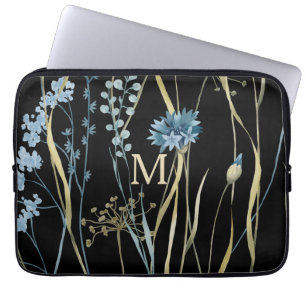 Housse Pour Ordinateur Portable Monogramme Floral Bleu et Or sur Noir