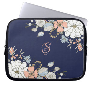 Housse Pour Ordinateur Portable Monogramme floral bleu rose bleu marine Personnali