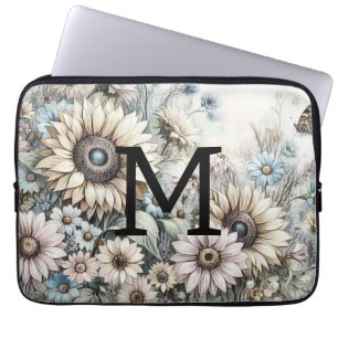 Housse Pour Ordinateur Portable Monogramme floral dessin tournesol rose jaune
