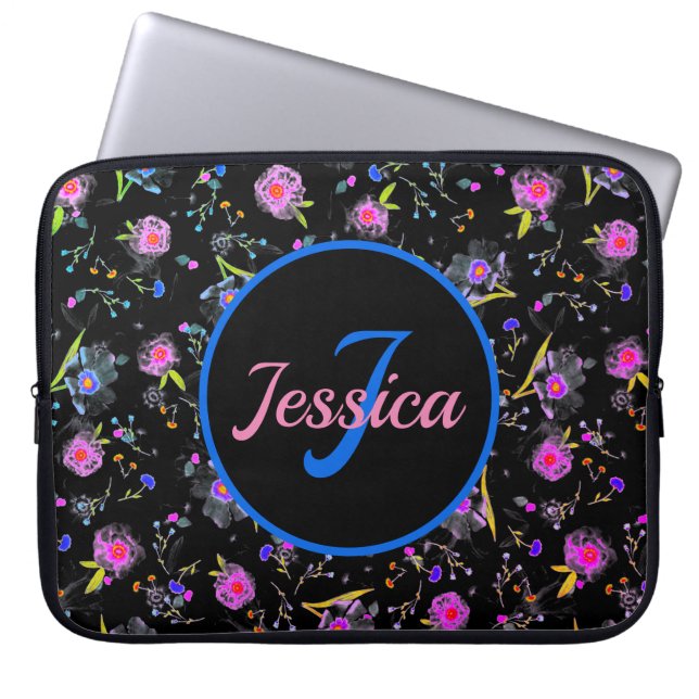 Housse Pour Ordinateur Portable Monogramme floral Élégant Personnalisé (Devant)