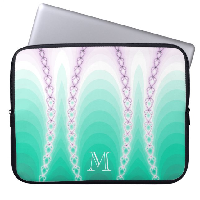Housse Pour Ordinateur Portable Monogramme fractal Abstrait vert pourpre (Devant)