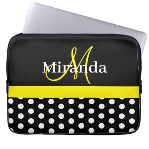 Housse Pour Ordinateur Portable Monogramme jaune noir blanc Polka point