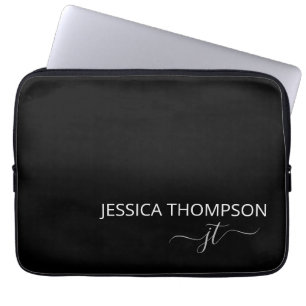 Housse Pour Ordinateur Portable Monogramme moderne Nom élégant Noir Blanc