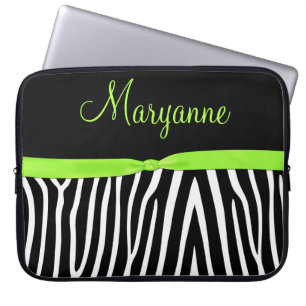 Housse Pour Ordinateur Portable Monogramme noir de ruban de chaux de zèbre de