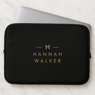 Housse Pour Ordinateur Portable Monogramme Noir Élégant minimaliste moderne