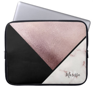 Housse Pour Ordinateur Portable Monogramme noir et rose Girly d'abrégé sur marbr