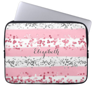 Housse Pour Ordinateur Portable Monogramme Nom Rose Blanc Gris Paillettes Tendance