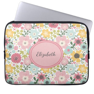 Housse Pour Ordinateur Portable Monogramme Nom Rose Jaune Bleu Floral Féminin