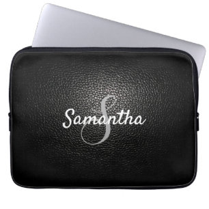 Housse Pour Ordinateur Portable Monogramme personnalisé et nom cuir noir