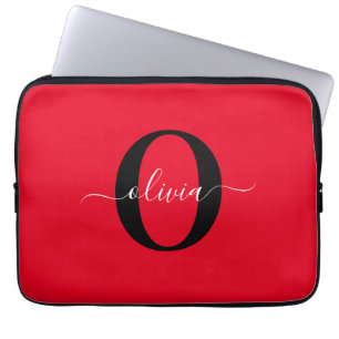 Housse Pour Ordinateur Portable Monogramme personnalisé Nom du script Rouge Noir B