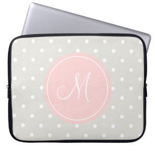 Housse Pour Ordinateur Portable Monogramme personnalisé rose pâle des Pois gris
