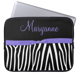 Housse Pour Ordinateur Portable Monogramme pourpre de ruban de zèbre noir pourpre