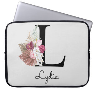 Housse Pour Ordinateur Portable Monogramme Rose Boho Girl Floral Initial L