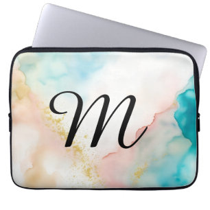 Housse Pour Ordinateur Portable Monogramme rose et bleu marbré avec Parties scinti