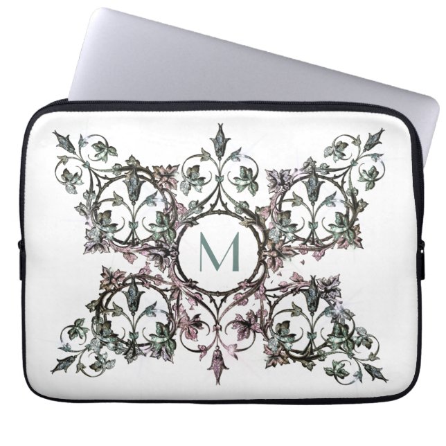 Housse Pour Ordinateur Portable Monogramme Rose Vert Flourdissant Chic Ornate (Devant)