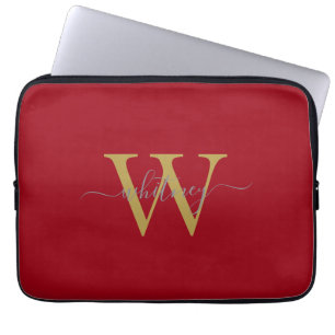 Housse Pour Ordinateur Portable Monogramme rouge simple et élégant Nom et initiale