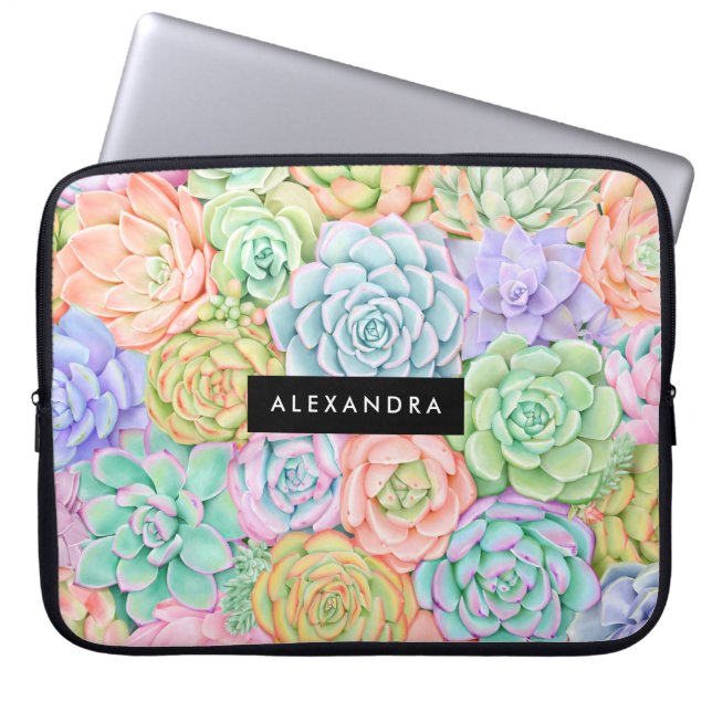 Housse Pour Ordinateur Portable Monogramme Succulents Aquarelle Pastel coloré (Devant)