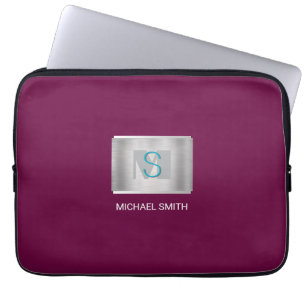 Housse Pour Ordinateur Portable Monogramme turquoise et gris, Silver de nom blanc,