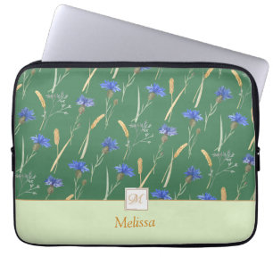 Housse Pour Ordinateur Portable Monogramme vert Fleur sauvage floral