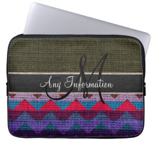 Housse Pour Ordinateur Portable Monogramme Vert foncé Chevron Zigzag Burlap Jute
