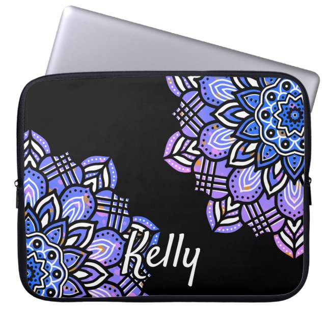 Housse Pour Ordinateur Portable Monogramme violet, noir et blanc Motif Mandala (Devant)