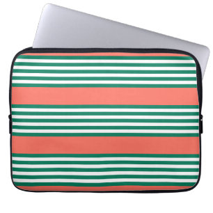 Housse Pour Ordinateur Portable Motif à cinq bandes vert et blanc avec corail