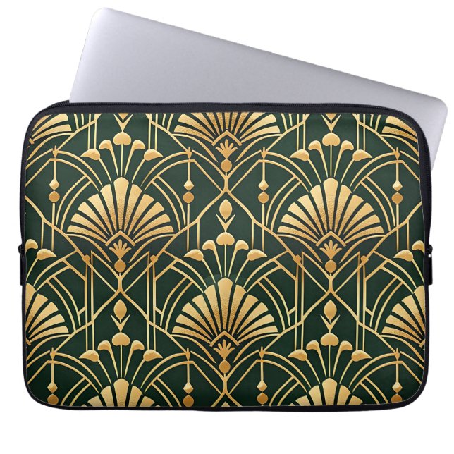 Housse Pour Ordinateur Portable Motif Art Déco Or Émeraude (Devant)