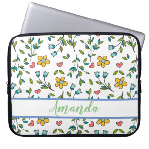 Housse Pour Ordinateur Portable Motif coloré à la main Floral & Coeurs