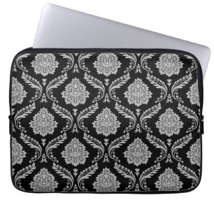 Housse Pour Ordinateur Portable Motif Damassé Rococo Gris sur Fond Noir