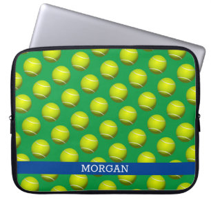 Housse Pour Ordinateur Portable Motif de balle de tennis, Nom blanc, Bleu & Vert