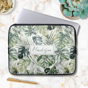 Housse Pour Ordinateur Portable Motif de feuilles de forêt tropicale verte aquarel
