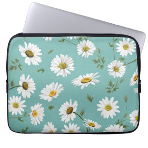 Housse Pour Ordinateur Portable Motif de marguerite, fond sarcelle
