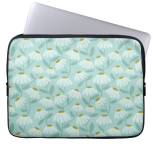Housse Pour Ordinateur Portable Motif de marguerites florales bleu sarcelle et ver