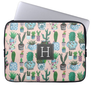Housse Pour Ordinateur Portable Motif de monogramme de succulente de cactus rose m