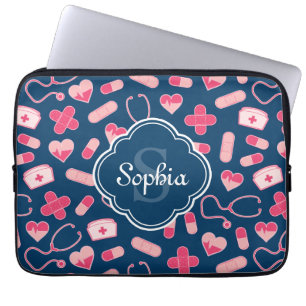 Housse Pour Ordinateur Portable Motif de soins infirmiers rose et bleu avec Monogr