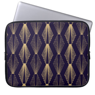 Housse Pour Ordinateur Portable Motif de style Art déco doré. Bleu bleu foncé sans