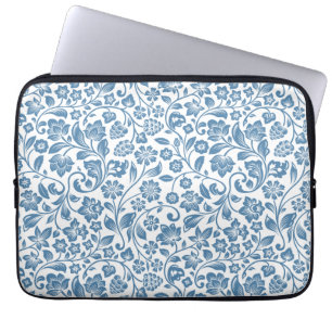 Housse Pour Ordinateur Portable Motif de vignes florales bleues et blanches ornées