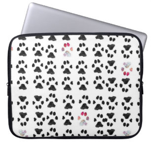 Housse Pour Ordinateur Portable Motif Empreinte de patte minimal rose et noir