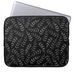 Housse Pour Ordinateur Portable Motif feuille gris sur noir