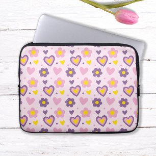 Housse Pour Ordinateur Portable Motif Fleurs Rétro Cœurs Rose, Violet, Jaune