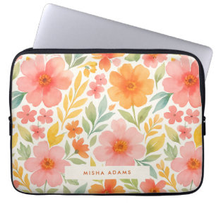 Housse Pour Ordinateur Portable Motif floral aquarelle rose orange vif