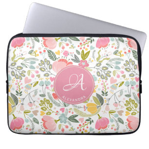 Housse Pour Ordinateur Portable Motif floral en aquarelle Monogramme nom Corail ro
