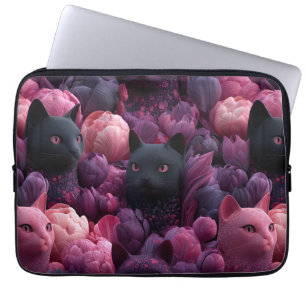 Housse Pour Ordinateur Portable Motif floral surréaliste de chat noir et de pivoin