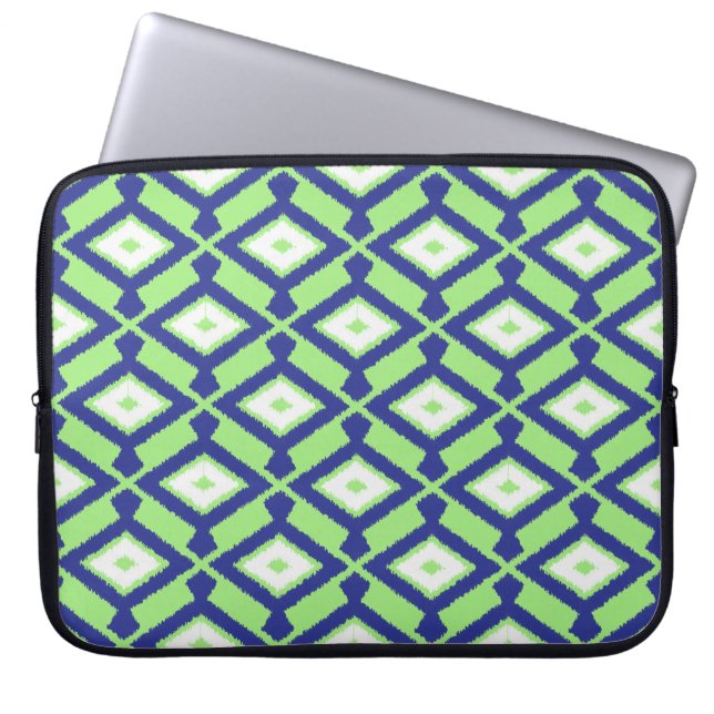 Housse Pour Ordinateur Portable Motif Ikat - Vert, Indigo Bleu et Blanc (Devant)